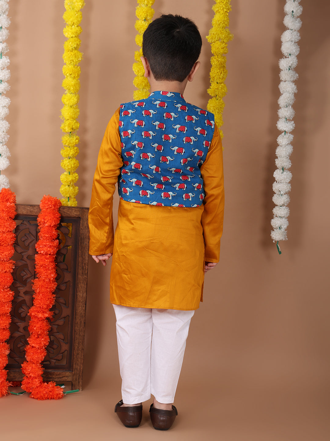 Yellow Plain Kurta with Blue printed elephant jacket and pajama