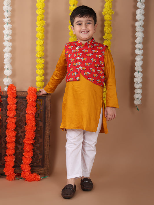 Yellow Plain Kurta with Red printed elephant jacket and pajama