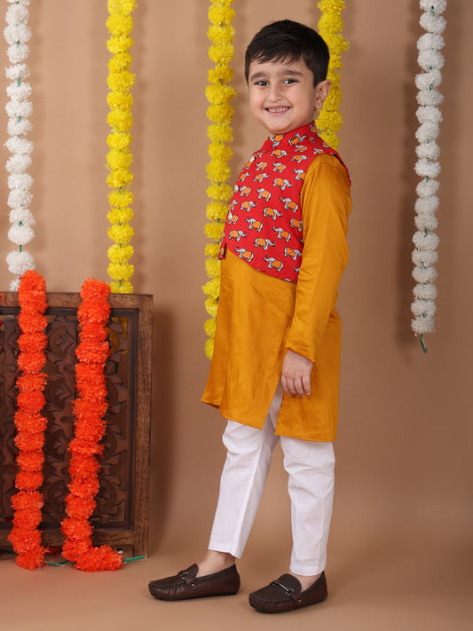 Yellow Plain Kurta with Red printed elephant jacket and pajama