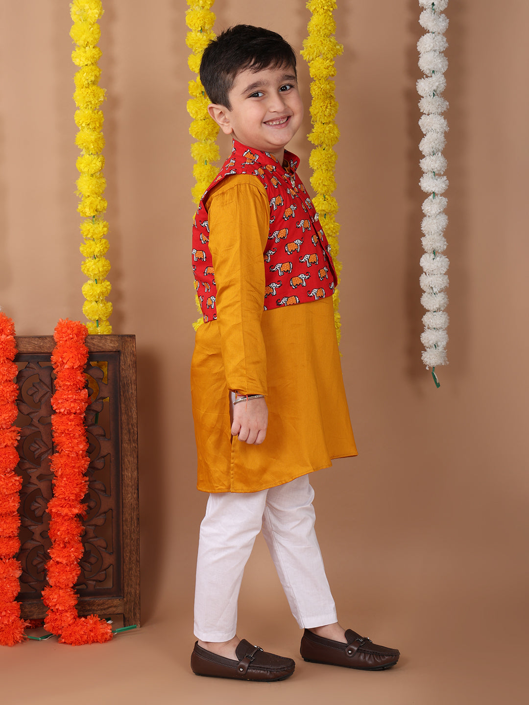 Yellow Plain Kurta with Red printed elephant jacket and pajama