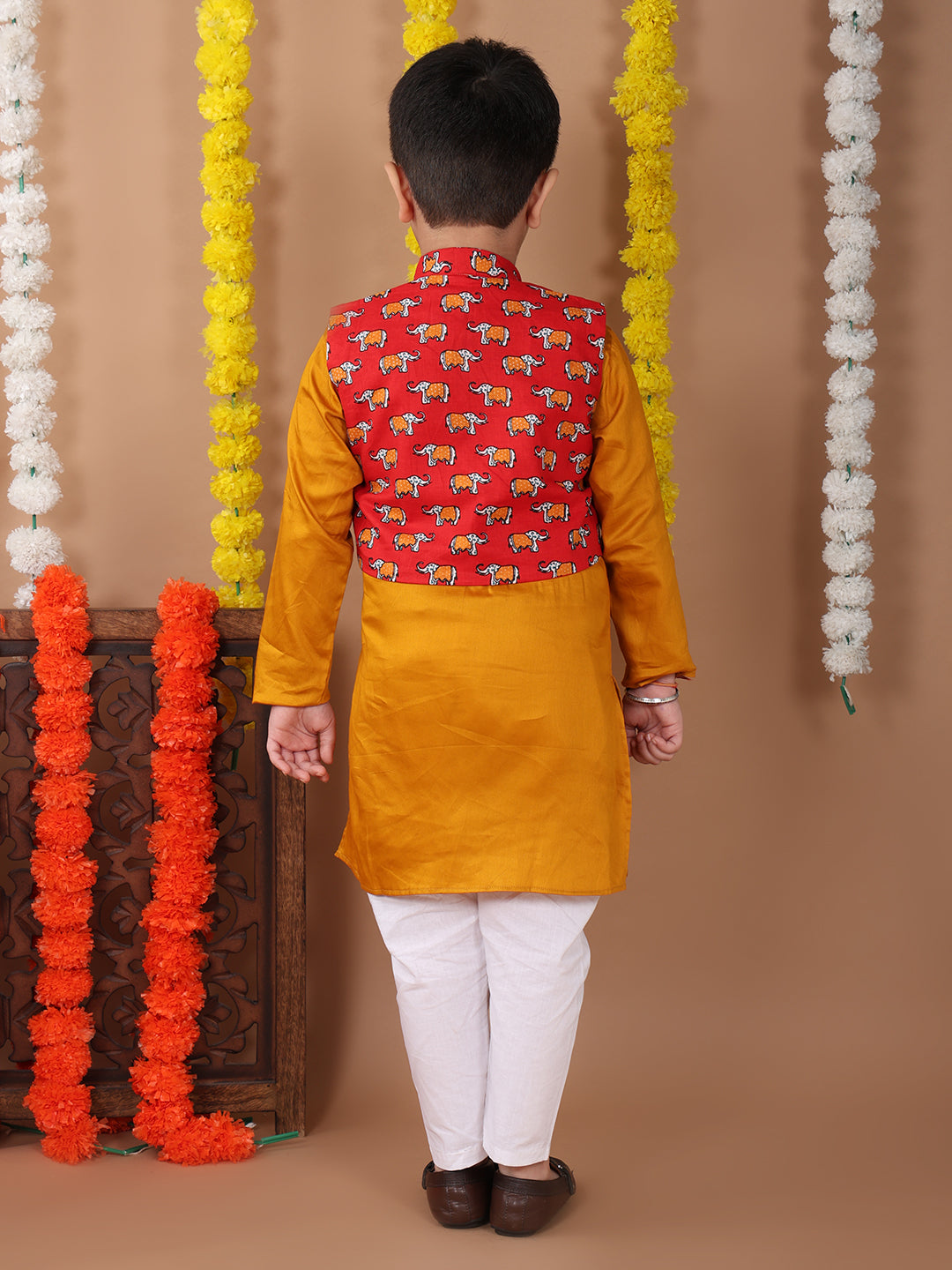 Yellow Plain Kurta with Red printed elephant jacket and pajama
