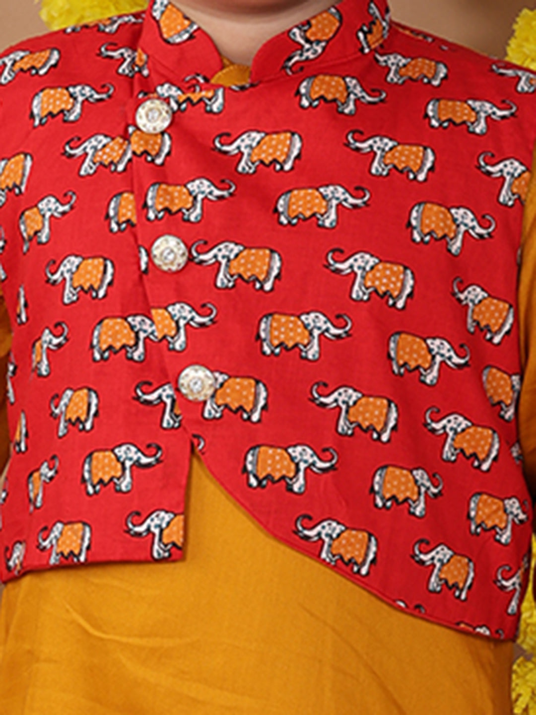 Yellow Plain Kurta with Red printed elephant jacket and pajama