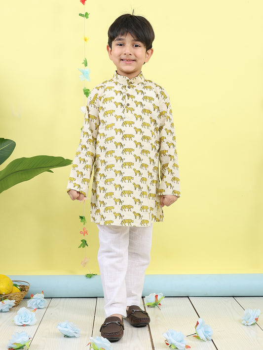 White Tiger Printed Kurta with pajama