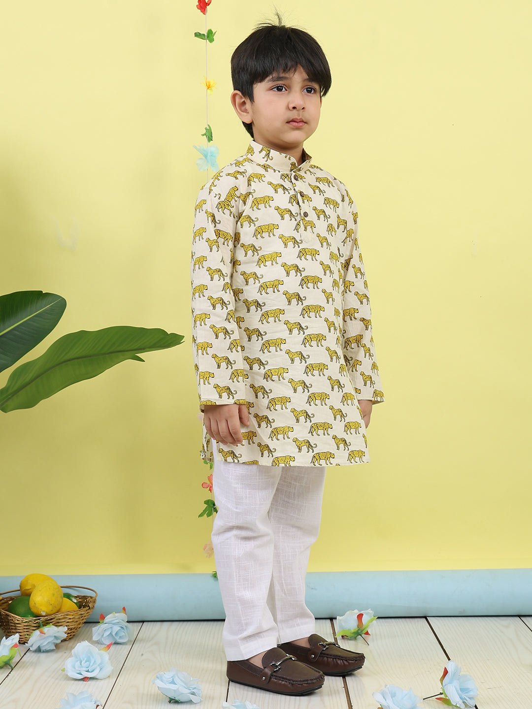 White Tiger Printed Kurta with pajama