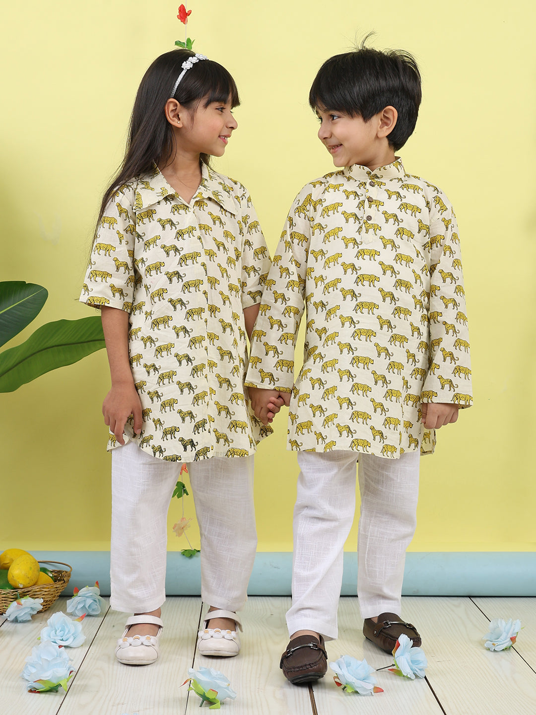 White Tiger Printed Kurta with pajama