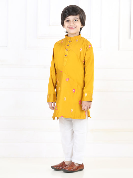 Yellow Embroidered patch work Kurta Set
