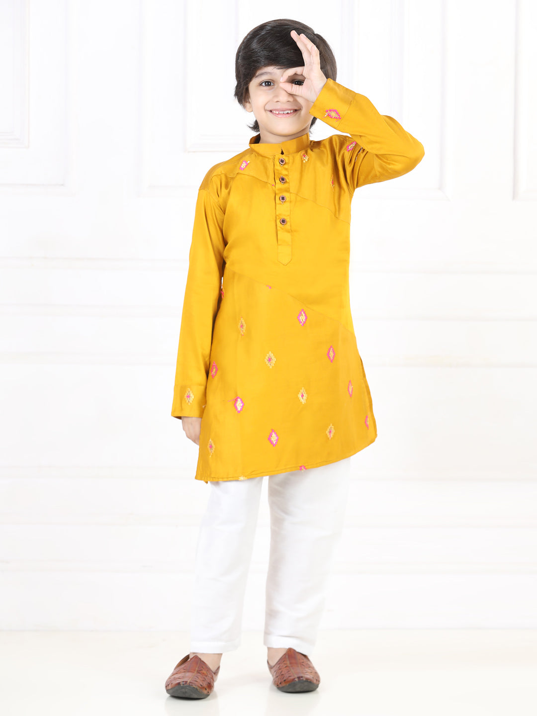 Yellow Embroidered patch work Kurta Set