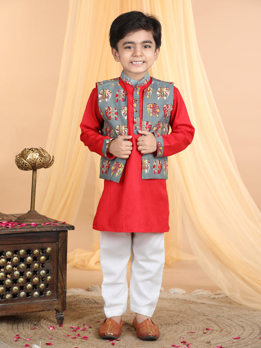 Red Kurta with elephant printed jacket Set