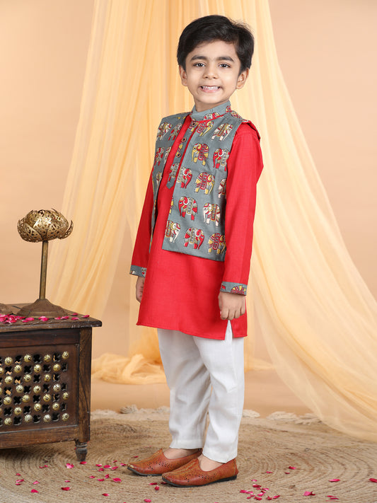 Red Kurta with elephant printed jacket Set