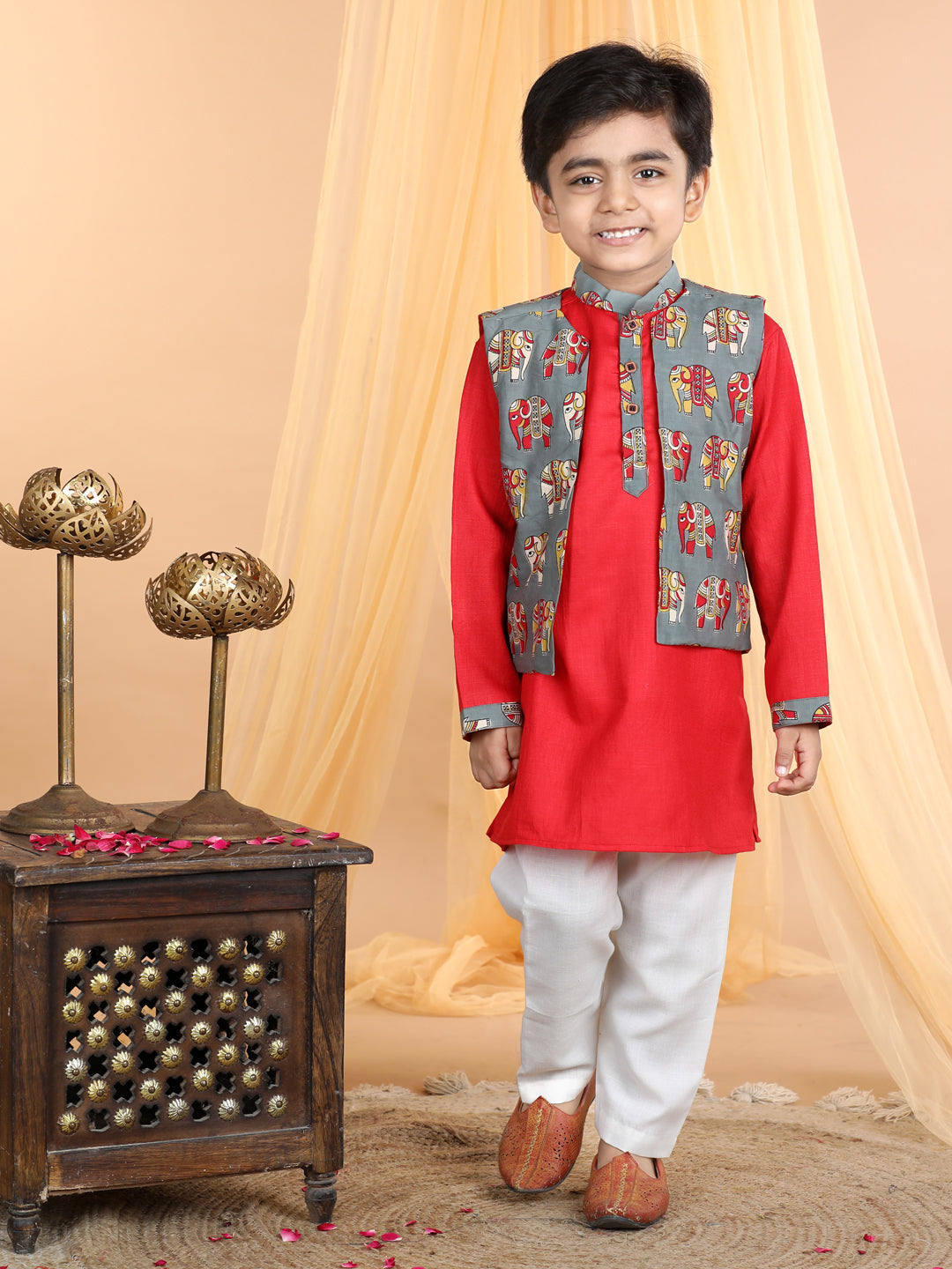 Red Kurta with elephant printed jacket Set