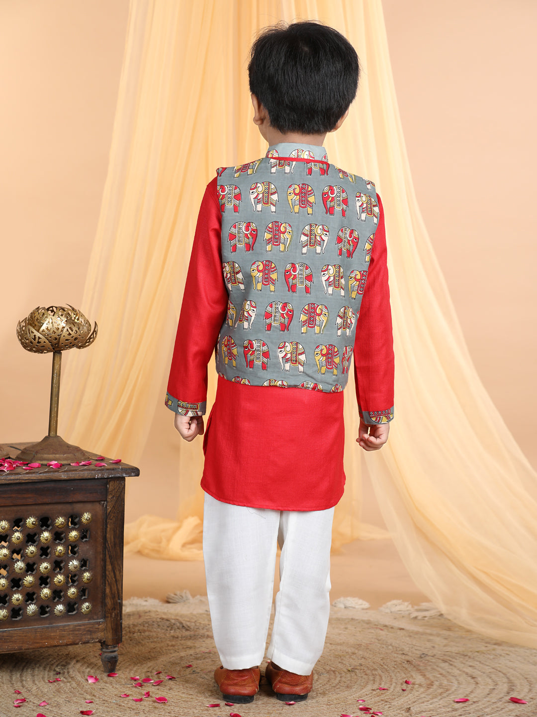 Red Kurta with elephant printed jacket Set