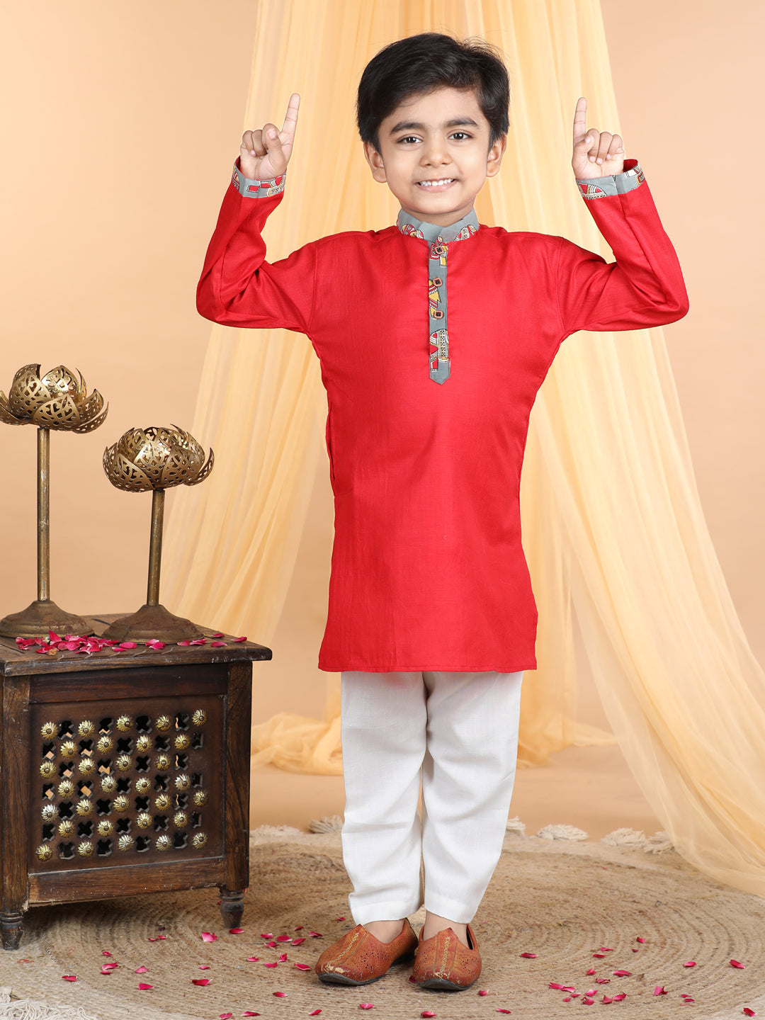 Red Kurta with elephant printed jacket Set