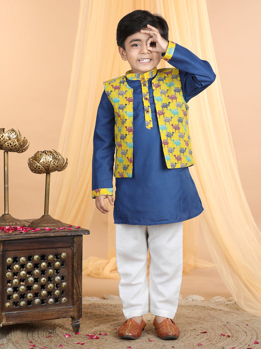 Blue Kurta with camel printed jacket Set