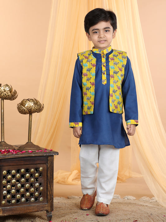 Blue Kurta with camel printed jacket Set