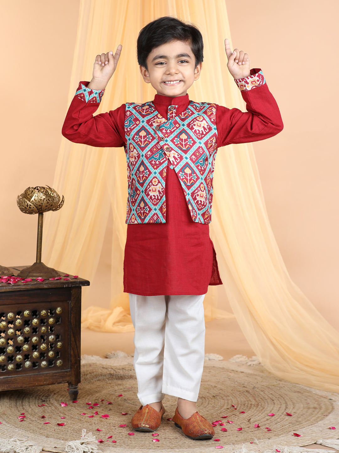 Red Kurta with patola printed jacket Set