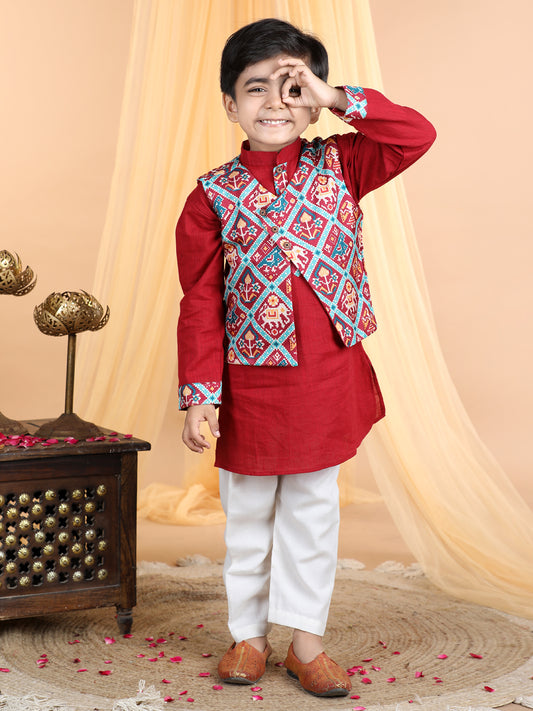 Red Kurta with patola printed jacket Set