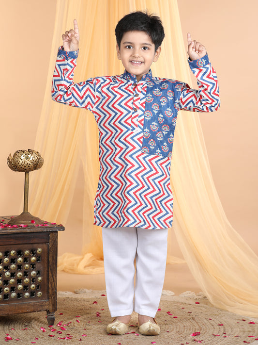Blue & Red Zig Zag Kurta with floral patch Kurta Set