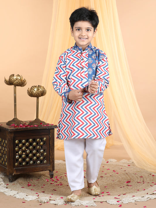 Blue & Red Zig Zag Kurta with floral patch Kurta Set