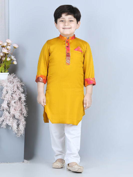 Yellow and Pink Patch work Kurta Set