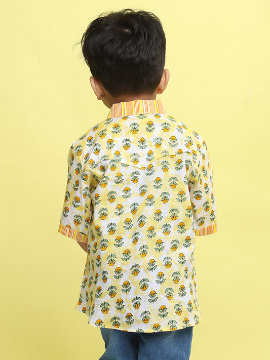 Yellow Cotton Floral Printed Shirt