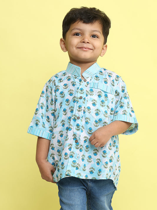 Blue Cotton Floral Printed Shirt