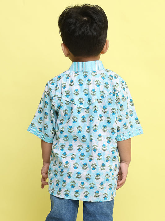 Blue Cotton Floral Printed Shirt