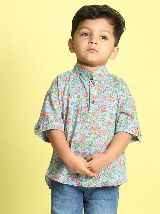 Blue and Pink Floral Printed Shirt