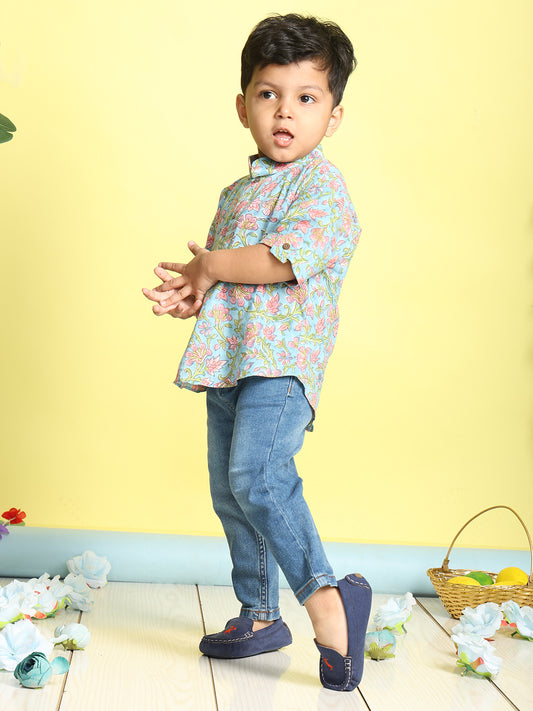 Blue and Pink Floral Printed Shirt