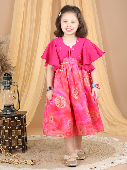 Pink Foil Printed dress with a embroidered jacket