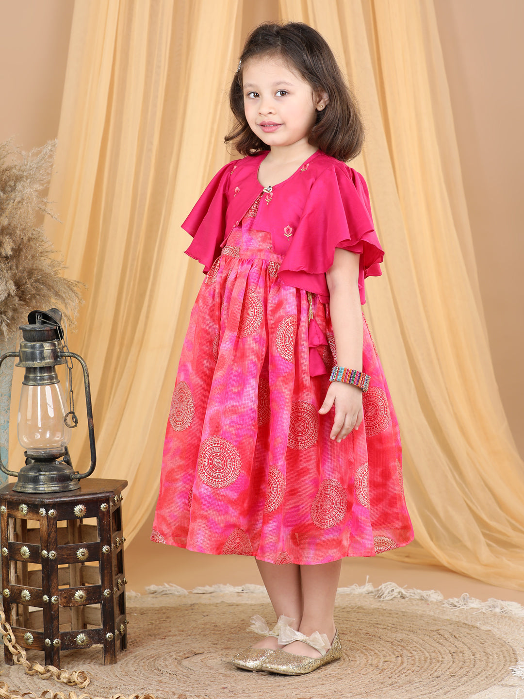 Pink Foil Printed dress with a embroidered jacket
