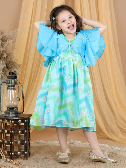 Blue Foil Printed dress with a embroidered jacket