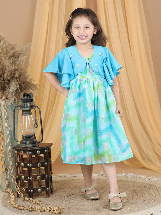 Blue Foil Printed dress with a embroidered jacket