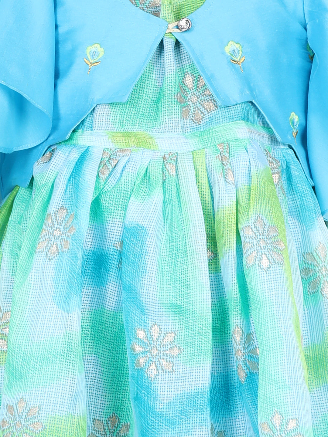 Blue Foil Printed dress with a embroidered jacket