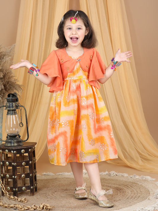 Yellow Foil Printed dress with a embroidered jacket