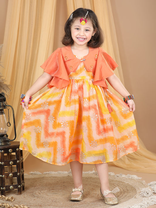 Yellow Foil Printed dress with a embroidered jacket