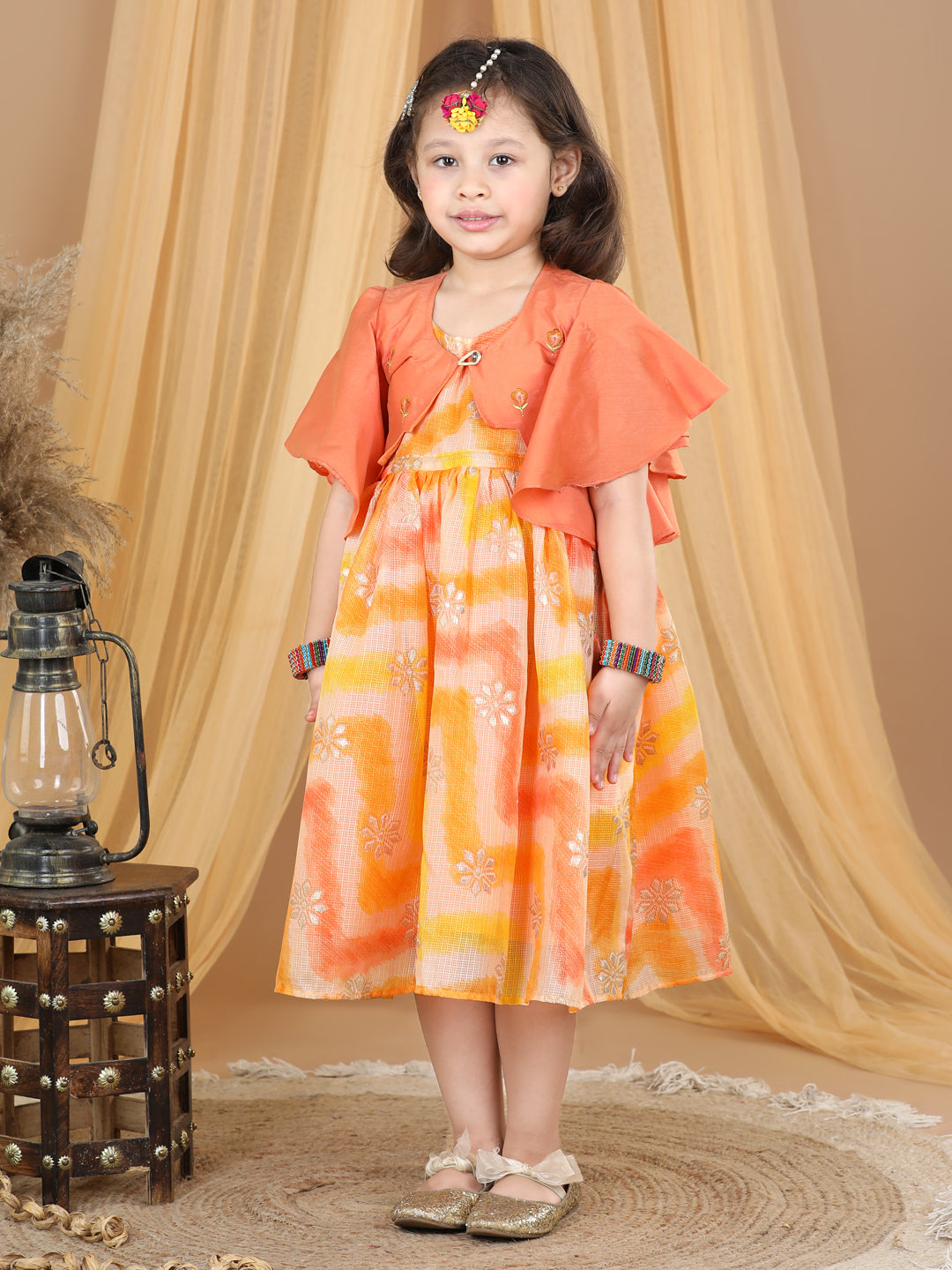 Yellow Foil Printed dress with a embroidered jacket