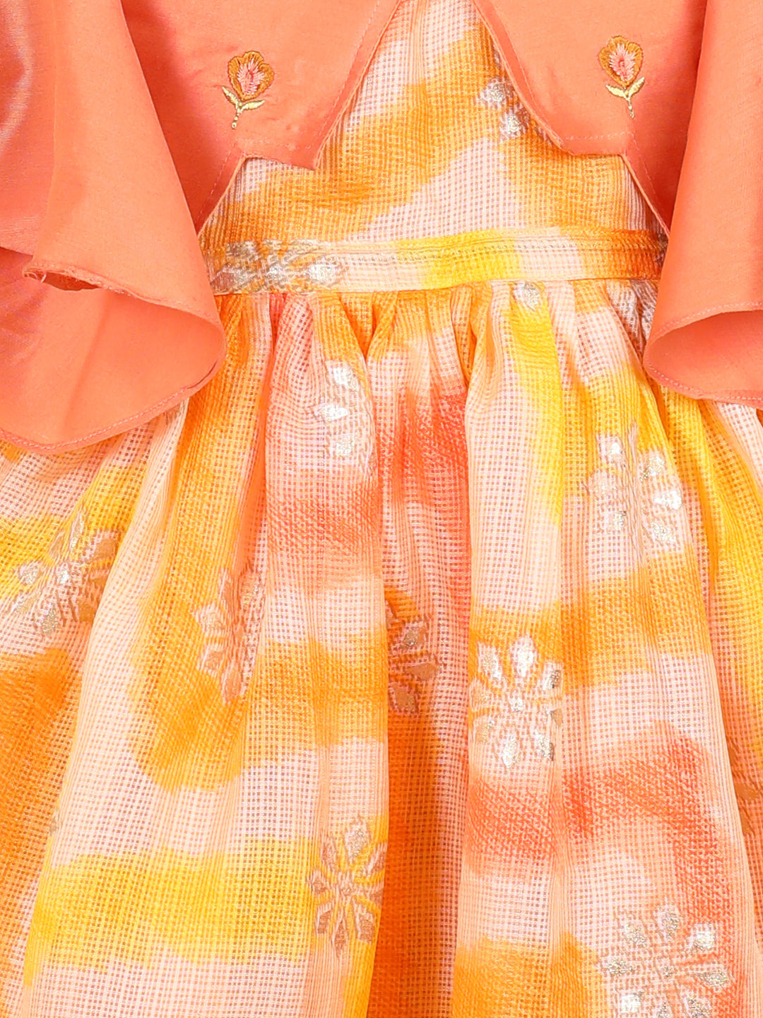 Yellow Foil Printed dress with a embroidered jacket