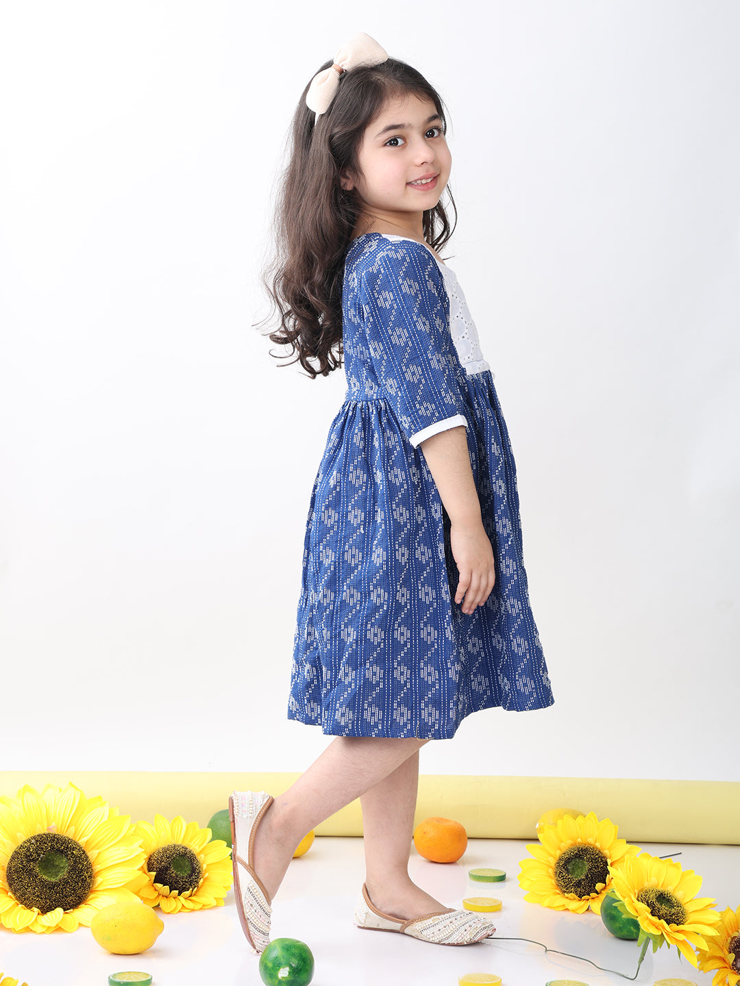 Blue Katha Half Sleeves dress with hakoba patchwork at neck