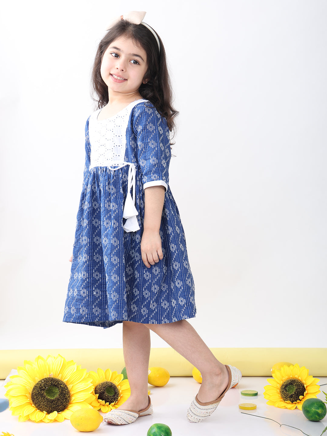 Blue Katha Half Sleeves dress with hakoba patchwork at neck