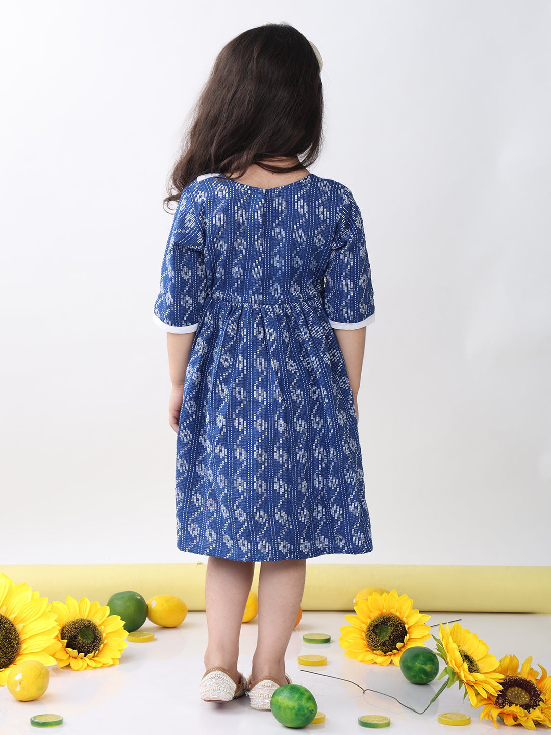 Blue Katha Half Sleeves dress with hakoba patchwork at neck