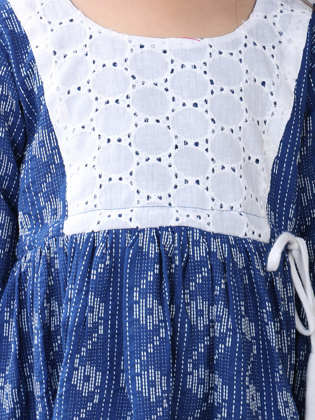 Blue Katha Half Sleeves dress with hakoba patchwork at neck