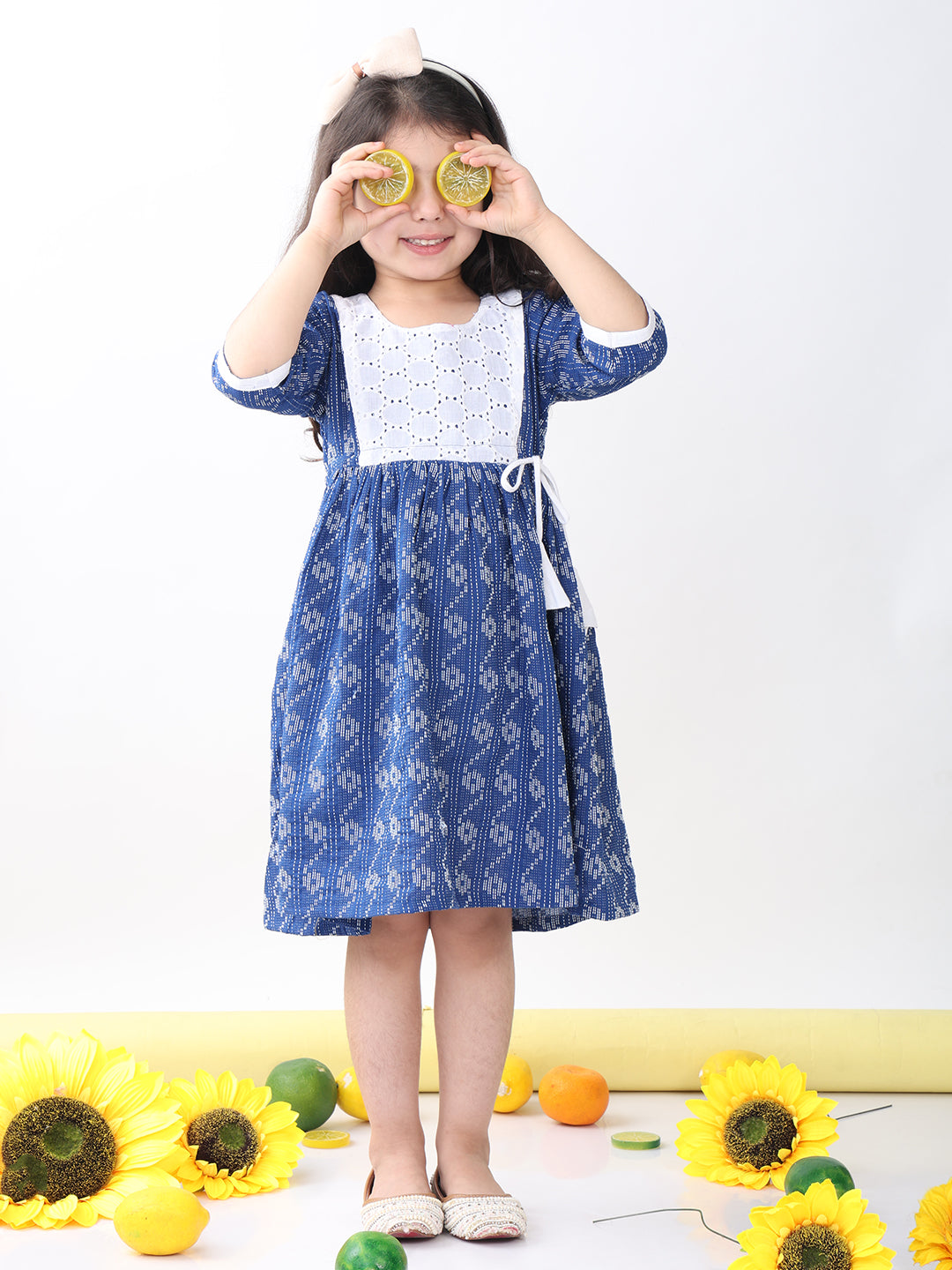 Blue Katha Half Sleeves dress with hakoba patchwork at neck