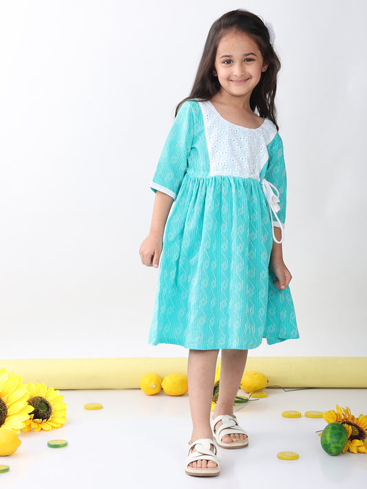 Green Katha Half Sleeves dress with hakoba patchwork at neck