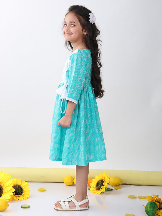 Green Katha Half Sleeves dress with hakoba patchwork at neck