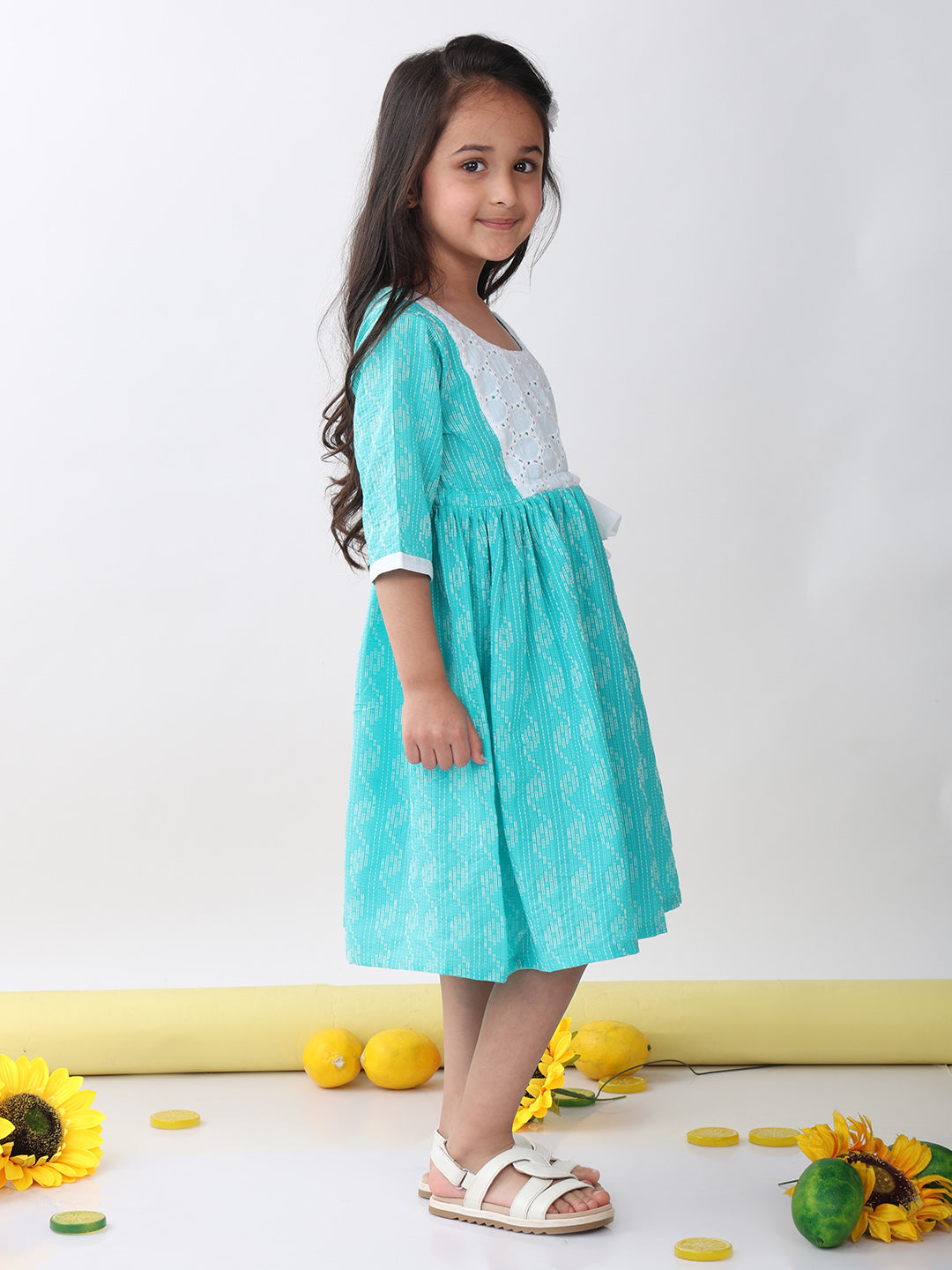 Green Katha Half Sleeves dress with hakoba patchwork at neck