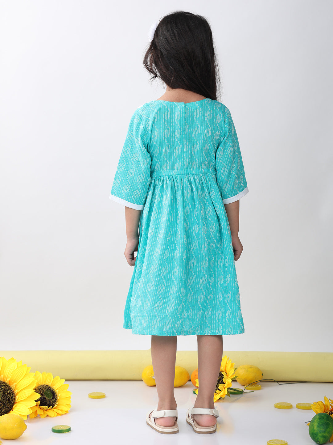 Green Katha Half Sleeves dress with hakoba patchwork at neck