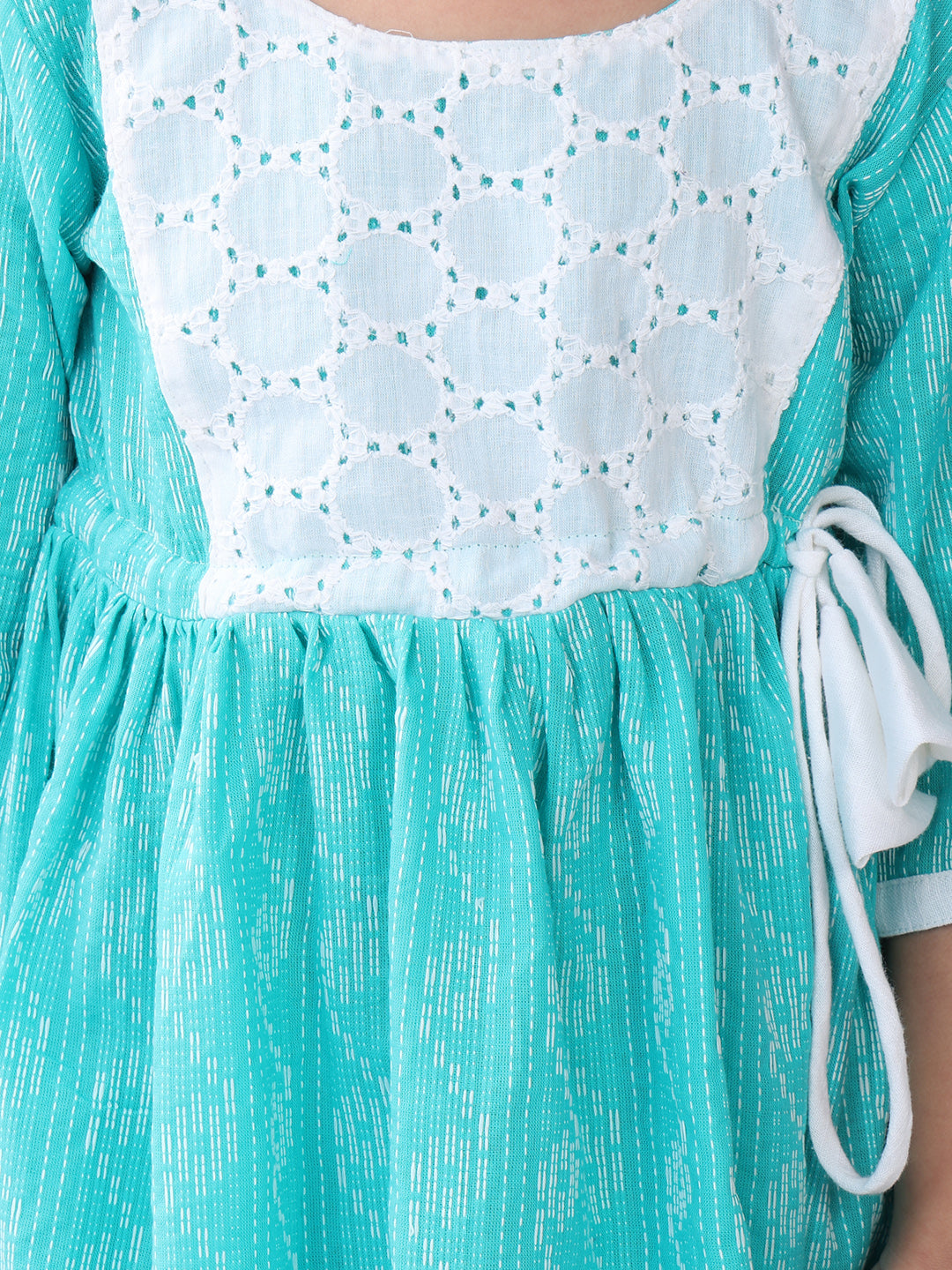 Green Katha Half Sleeves dress with hakoba patchwork at neck