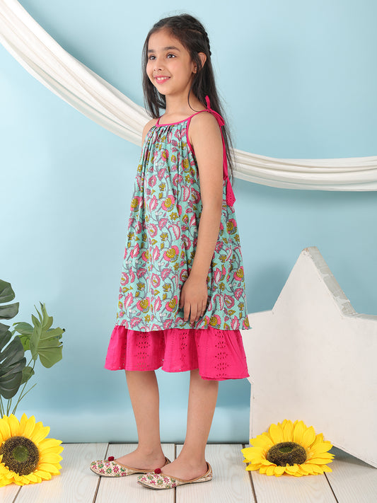 Blue cotton floral printed sleeveless layered dress