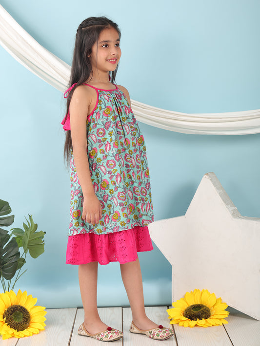 Blue cotton floral printed sleeveless layered dress