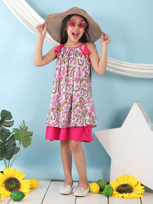 Pink cotton floral printed sleeveless layered dress